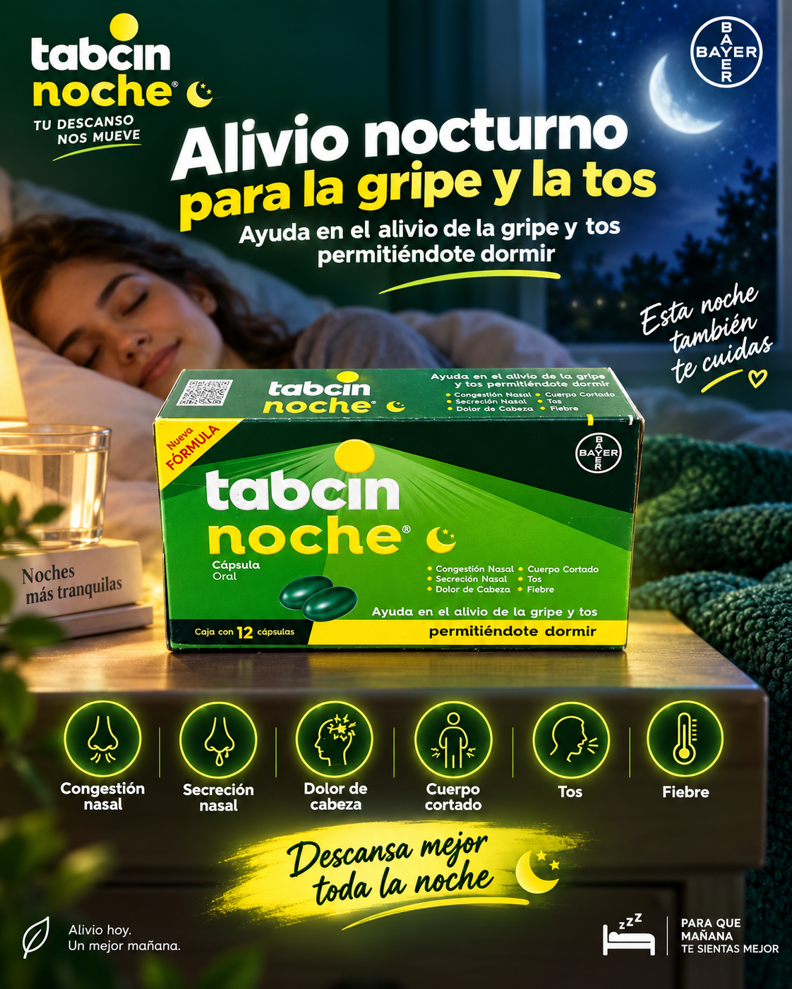 Tabcin Noche – 12 Cápsulas | Alivio Nocturno para la Gripe y la Tos