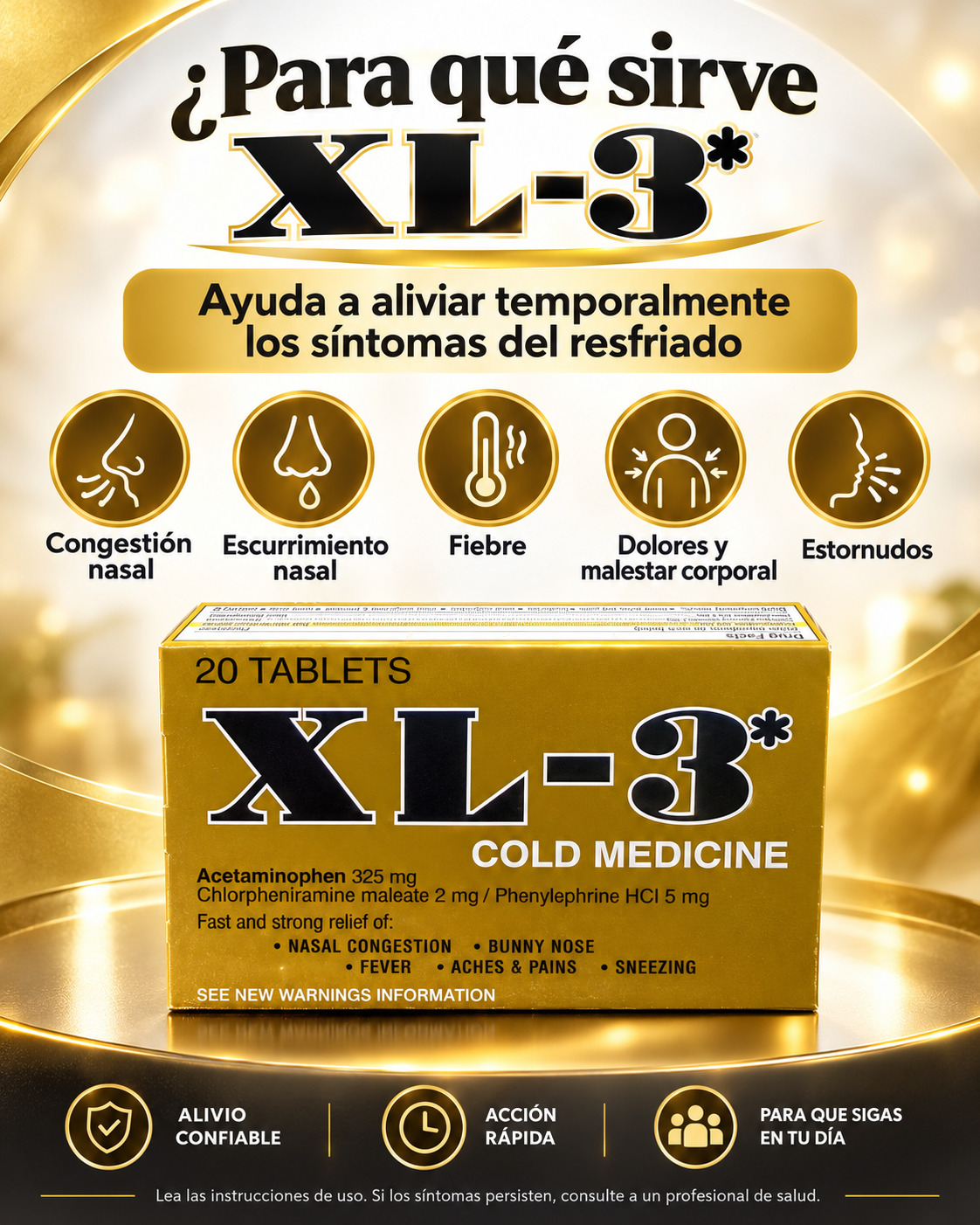 XL-3 Cold Medicine – Alivio de los Síntomas del Resfriado | 20 Tabletas