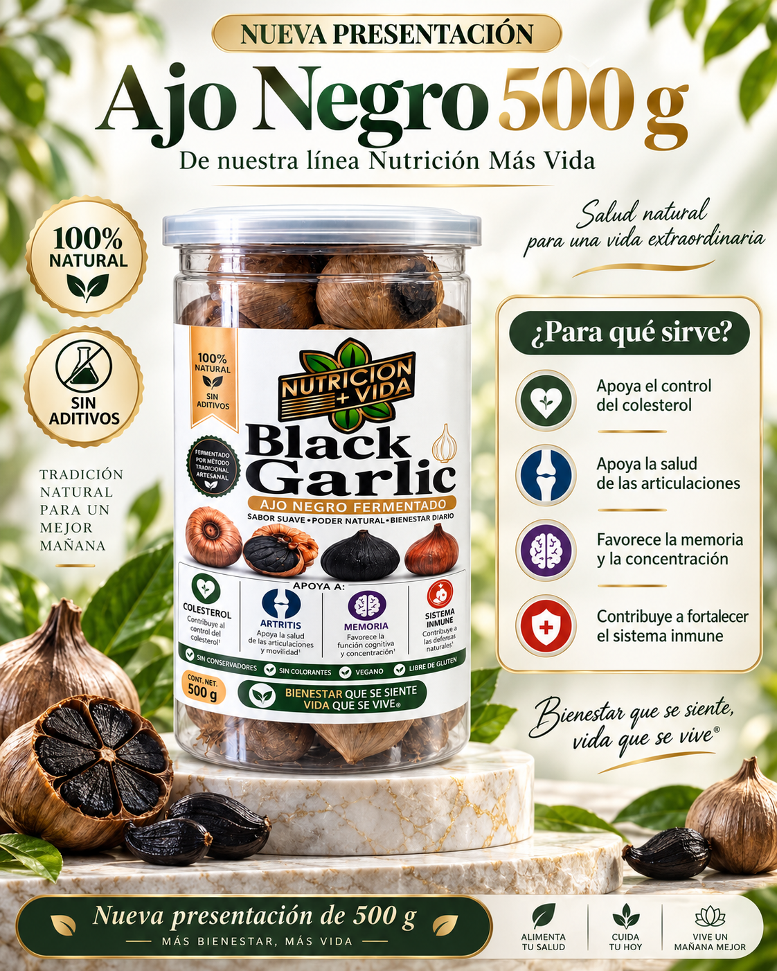 Black Garlic – Ajo Negro Fermentado 100% Natural | Nutrición Más Vida | 500 g