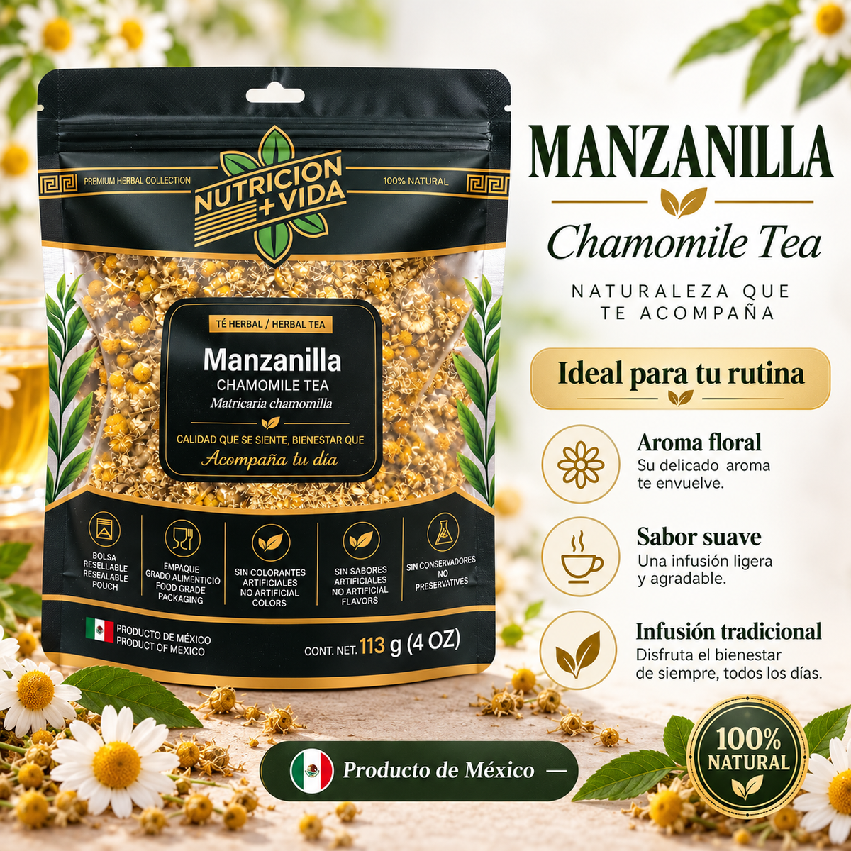 Té de Manzanilla 100% Natural – Nutrición Más Vida | 4 oz (113 g)