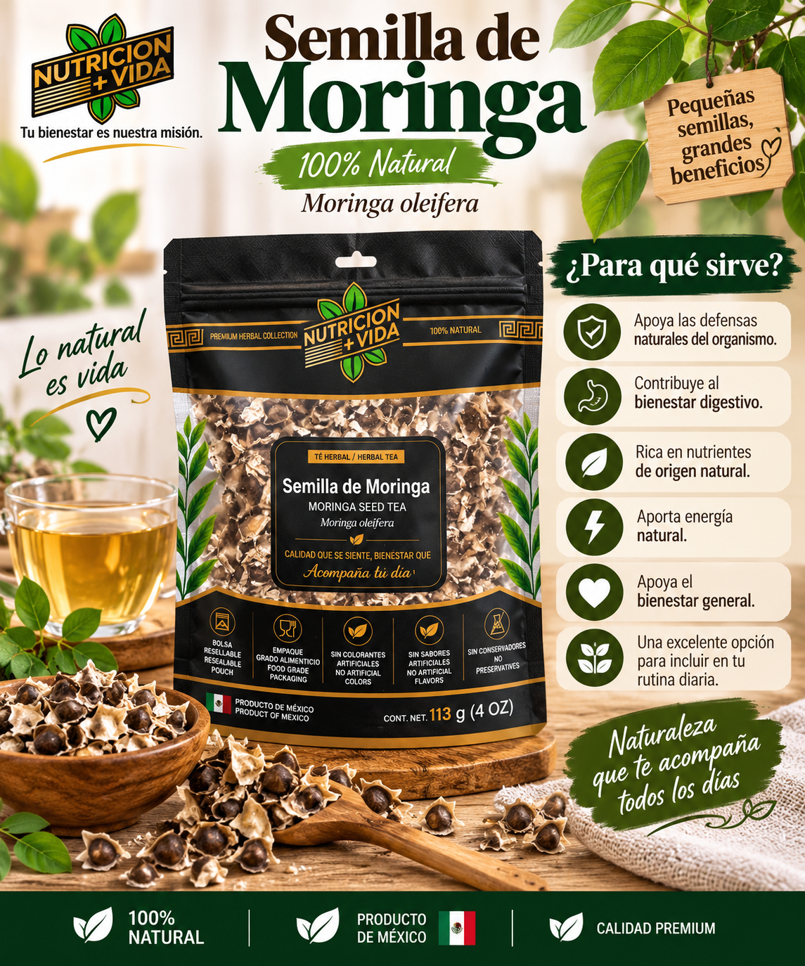 Semilla de Moringa 100% Natural – Calidad Premium | 4 oz (113 g)