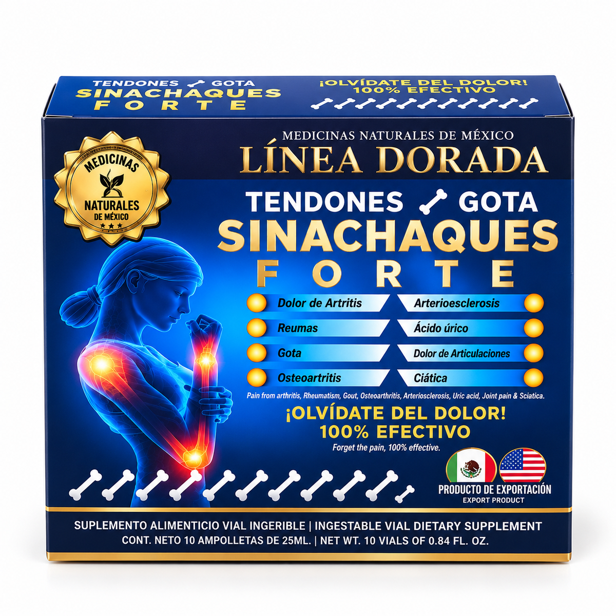 Sinachaques Forte – Tendones y Gota | Línea Dorada | 10 Ampolletas de 25 ml