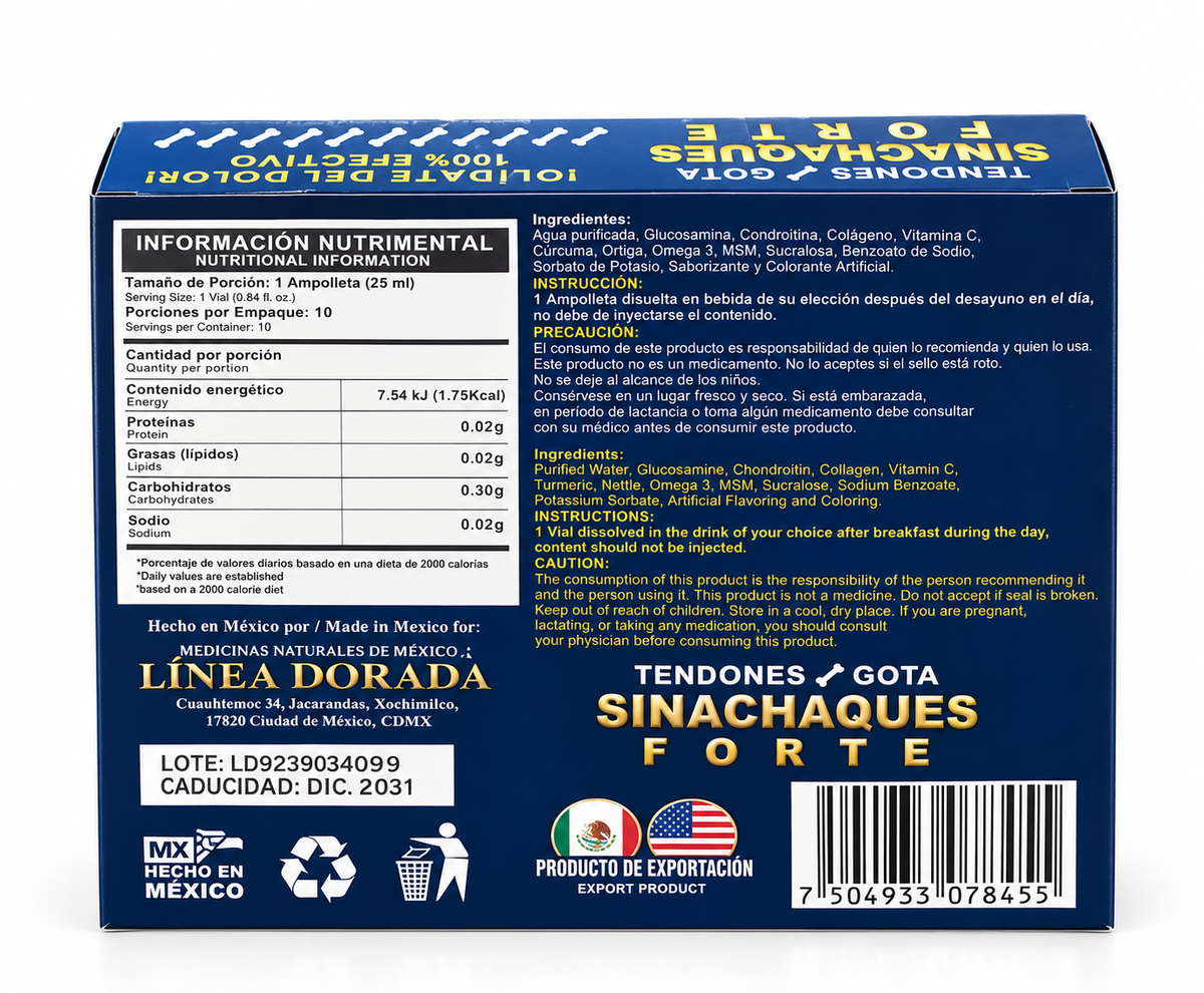 Sinachaques Forte – Tendones y Gota | Línea Dorada | 10 Ampolletas de 25 ml