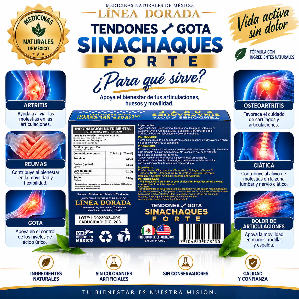 Sinachaques Forte – Tendones y Gota | Línea Dorada | 10 Ampolletas de 25 ml