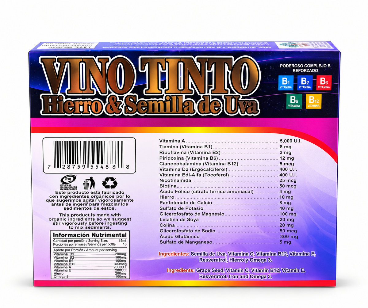 Vino Tinto Hierro & Semilla de Uva – Hierro Vitaminado con Complejo B | 10 Microbotellas de 15 ml