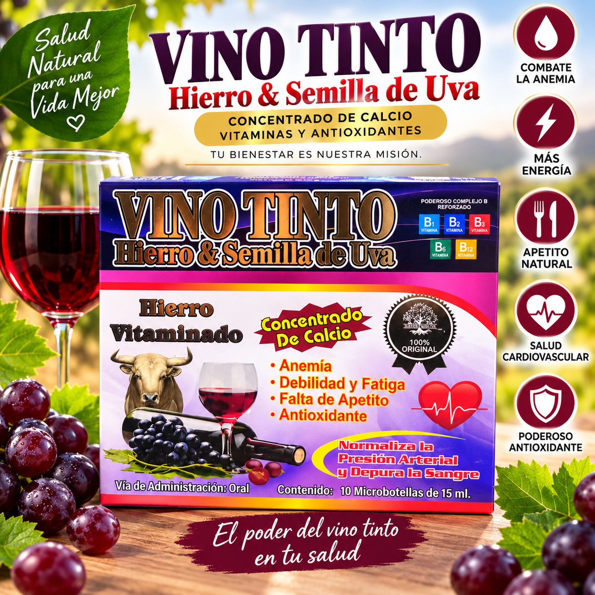 Vino Tinto Hierro & Semilla de Uva – Hierro Vitaminado con Complejo B | 10 Microbotellas de 15 ml