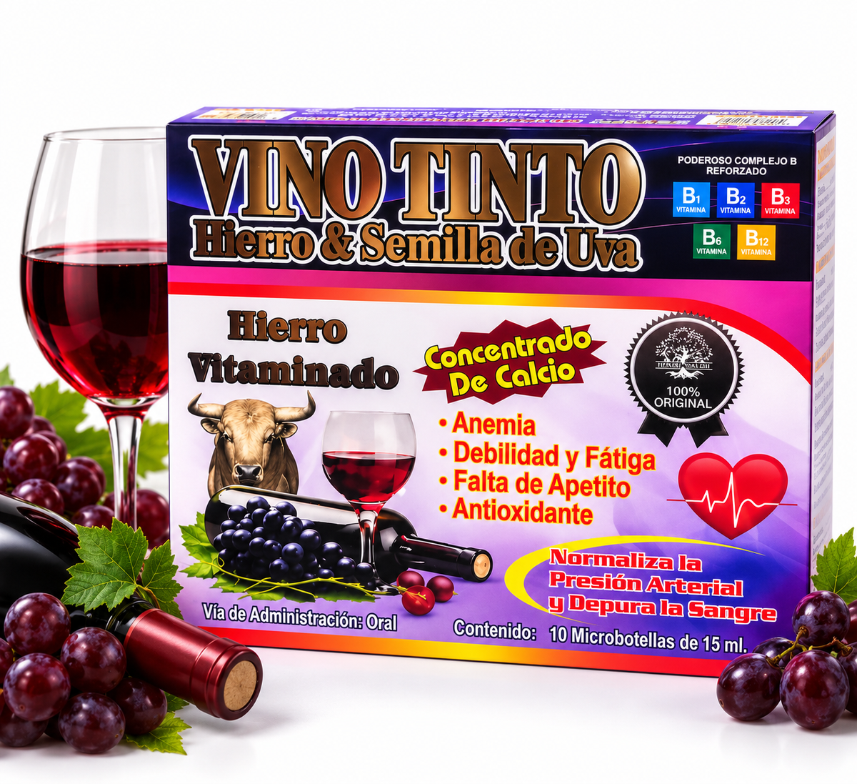 Vino Tinto Hierro & Semilla de Uva – Hierro Vitaminado con Complejo B | 10 Microbotellas de 15 ml