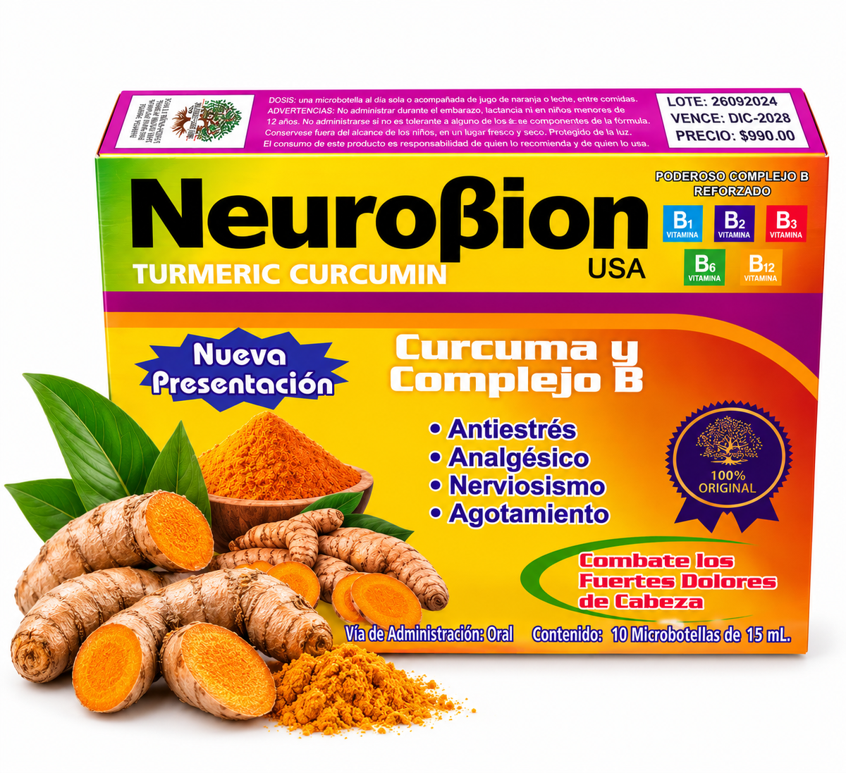 NeuroBion USA – Cúrcuma y Complejo B Reforzado | 10 Microbotellas de 15 ml