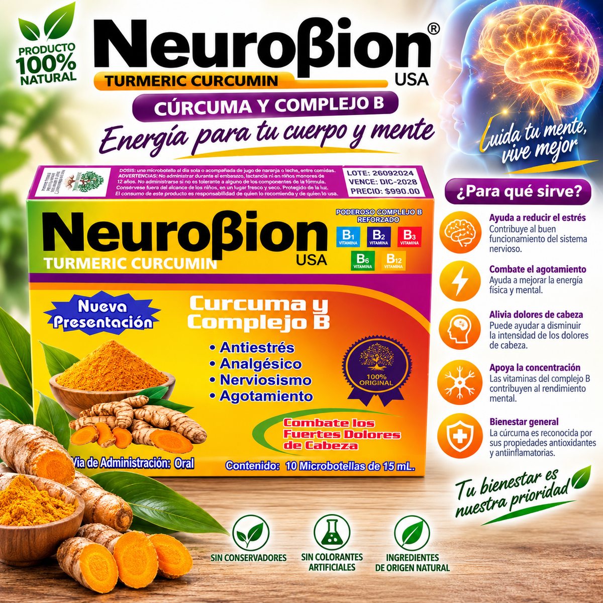 NeuroBion USA – Cúrcuma y Complejo B Reforzado | 10 Microbotellas de 15 ml
