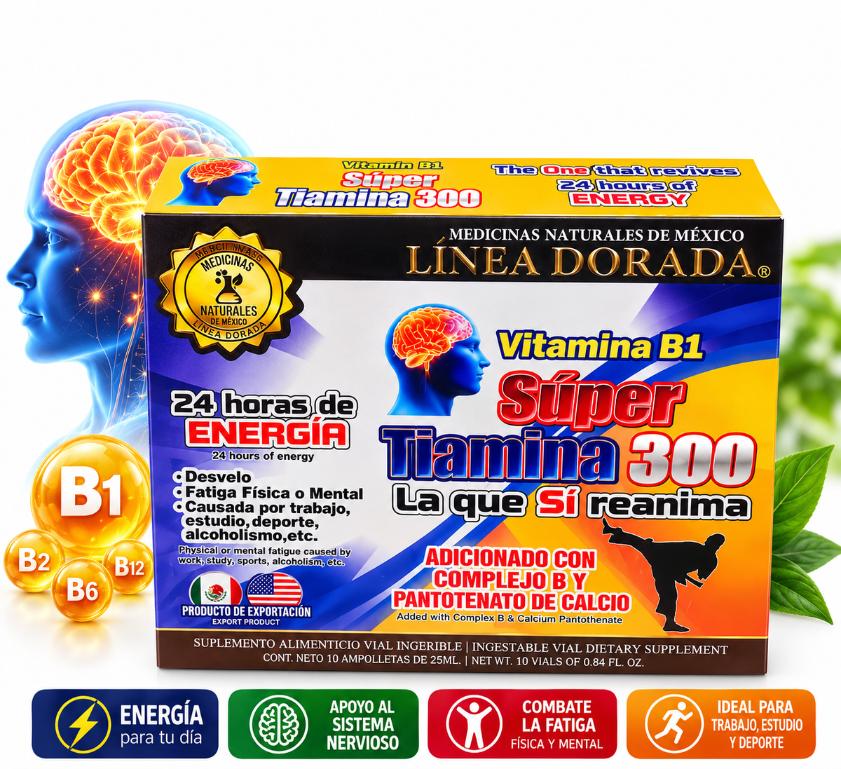 Súper Tiamina 300 – Vitamina B1 con Complejo B | 10 Ampolletas de 25 ml