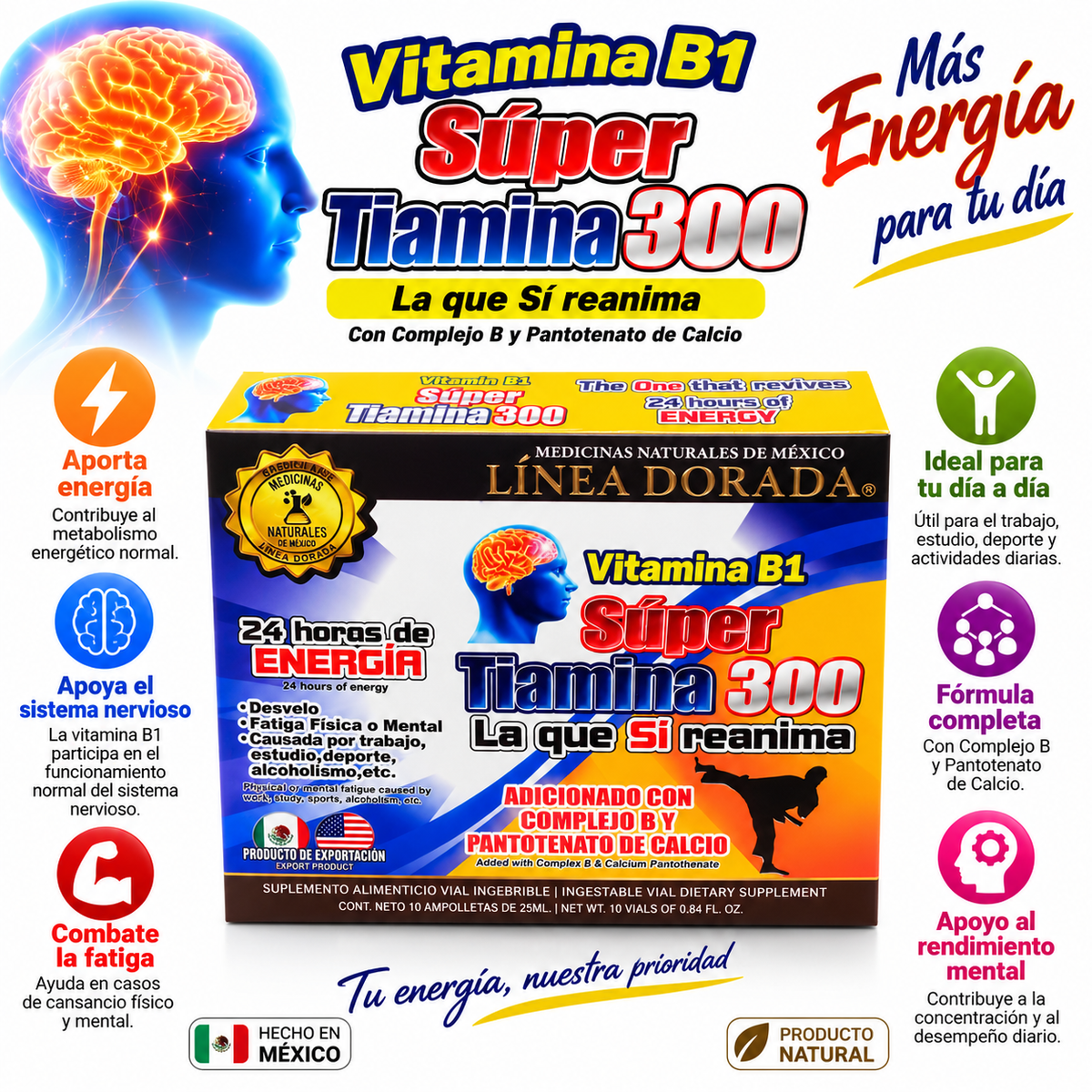 Súper Tiamina 300 – Vitamina B1 con Complejo B | 10 Ampolletas de 25 ml