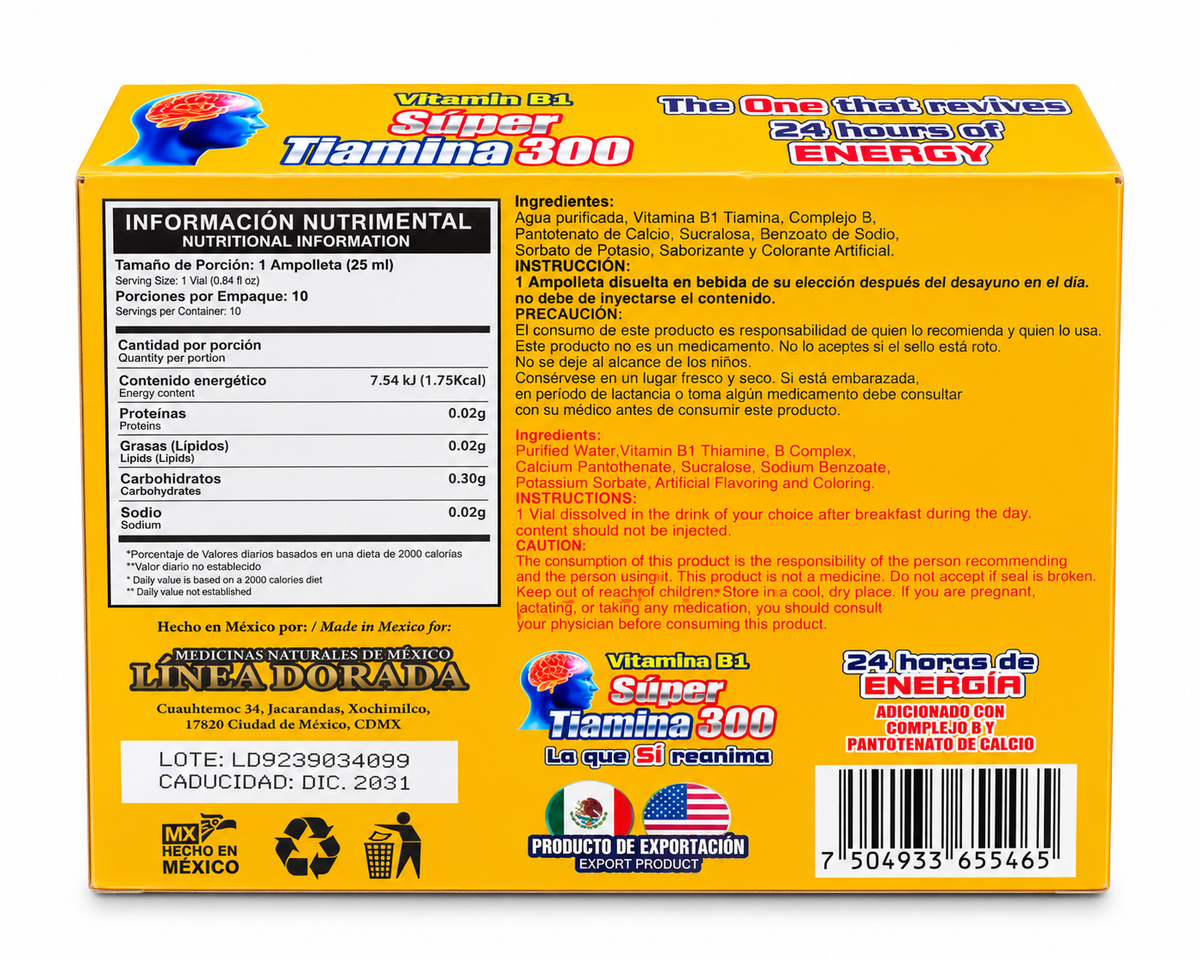 Súper Tiamina 300 – Vitamina B1 con Complejo B | 10 Ampolletas de 25 ml