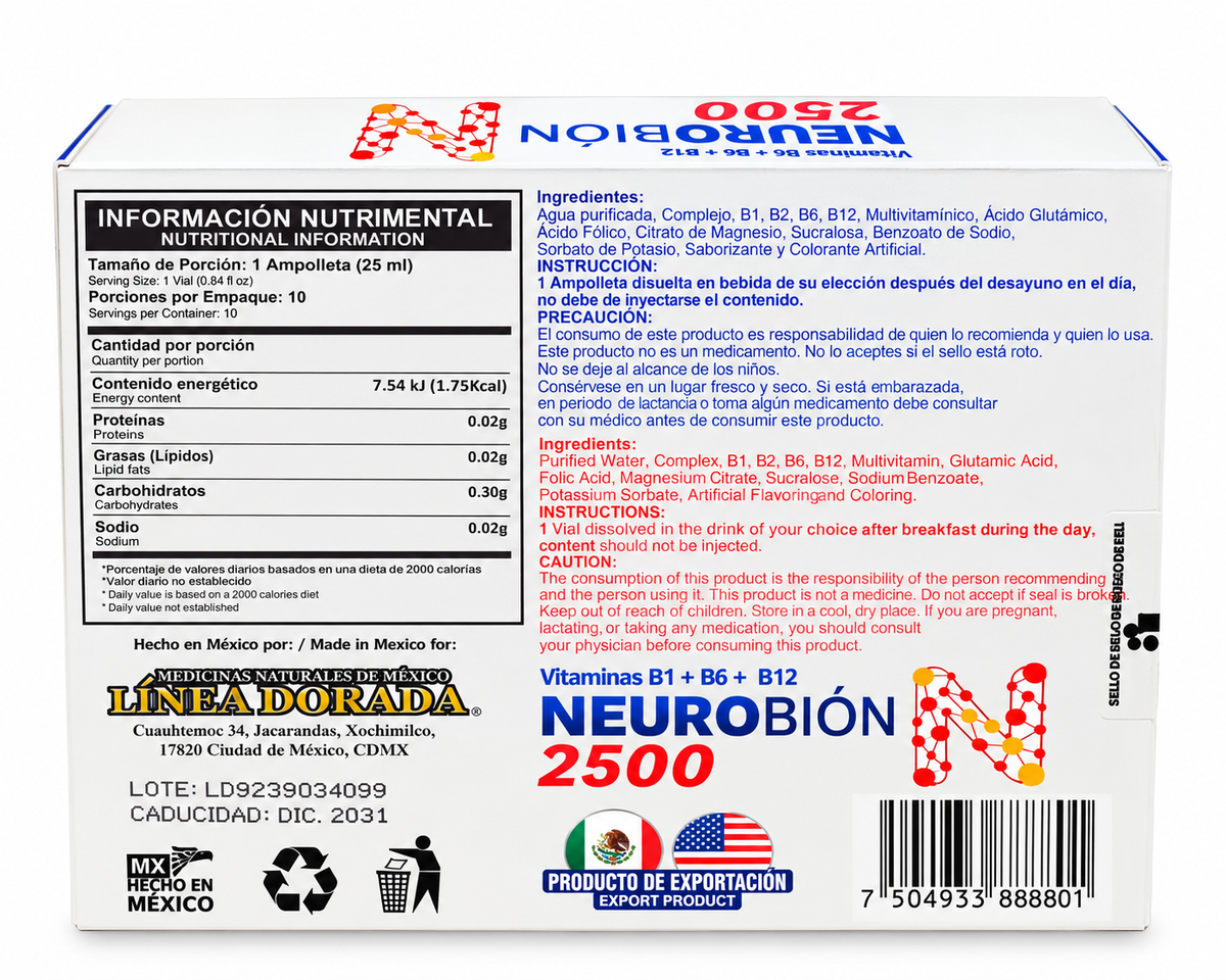 Neurobión 2500 – Vitaminas B1 + B6 + B12 | Fórmula Mejorada | 10 Ampolletas de 25 ml