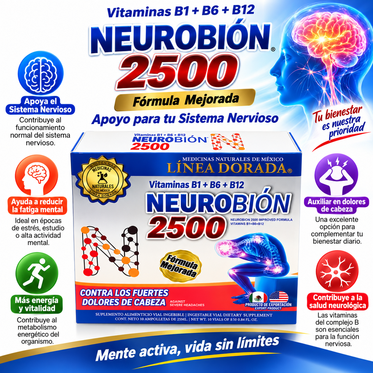 Neurobión 2500 – Vitaminas B1 + B6 + B12 | Fórmula Mejorada | 10 Ampolletas de 25 ml