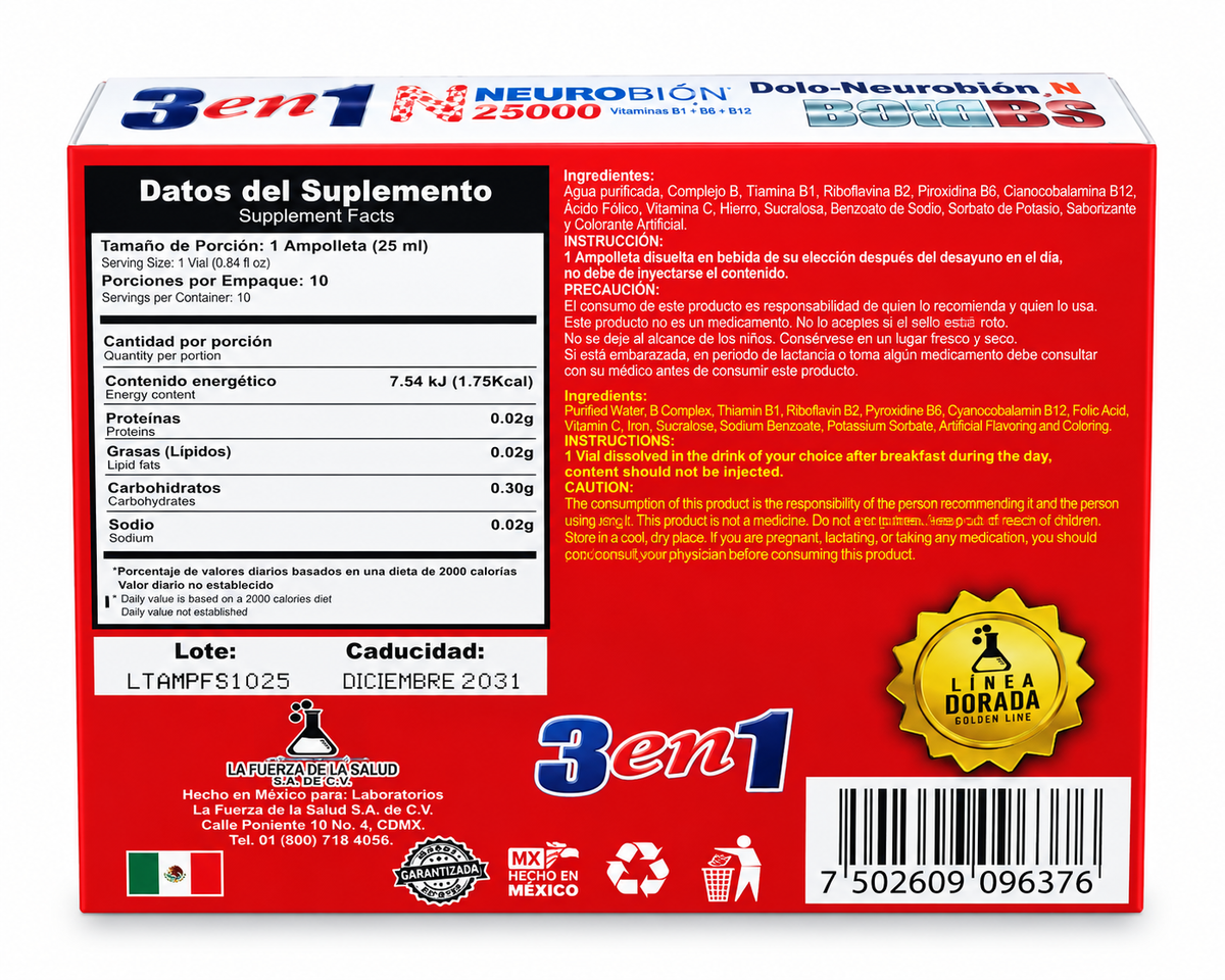 Neurobión 25000 – Dolo-Neurobión N 3 en 1 | Vitaminas B1 + B6 + B12 | 10 Ampolletas de 25 ml