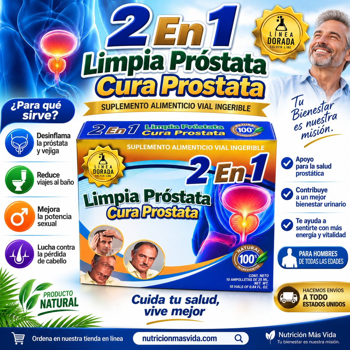 2 en 1 Limpia Próstata – Fórmula Herbal con Licopeno y Multivitamínico | 10 Ampolletas de 25 ml