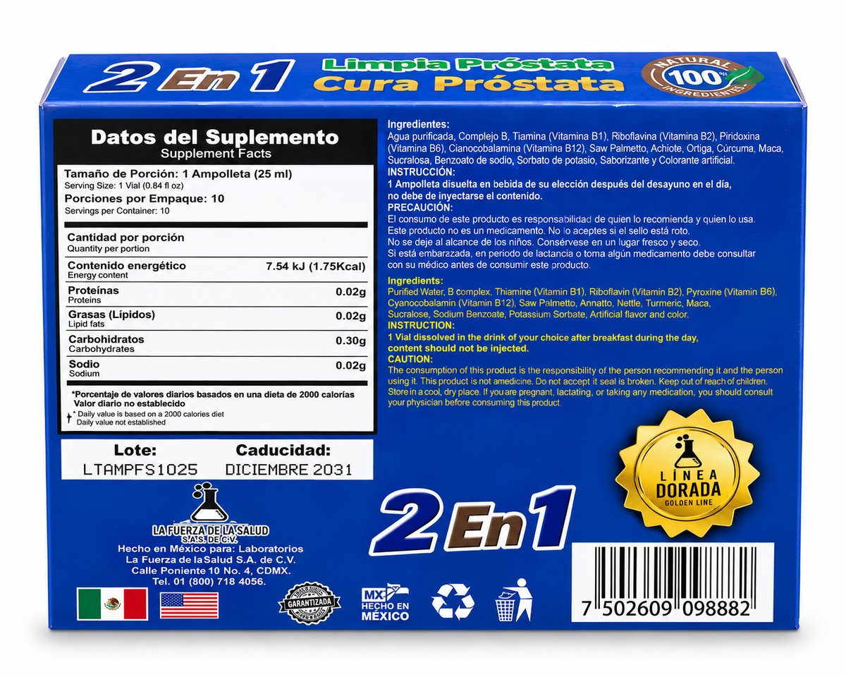 2 en 1 Limpia Próstata – Fórmula Herbal con Licopeno y Multivitamínico | 10 Ampolletas de 25 ml