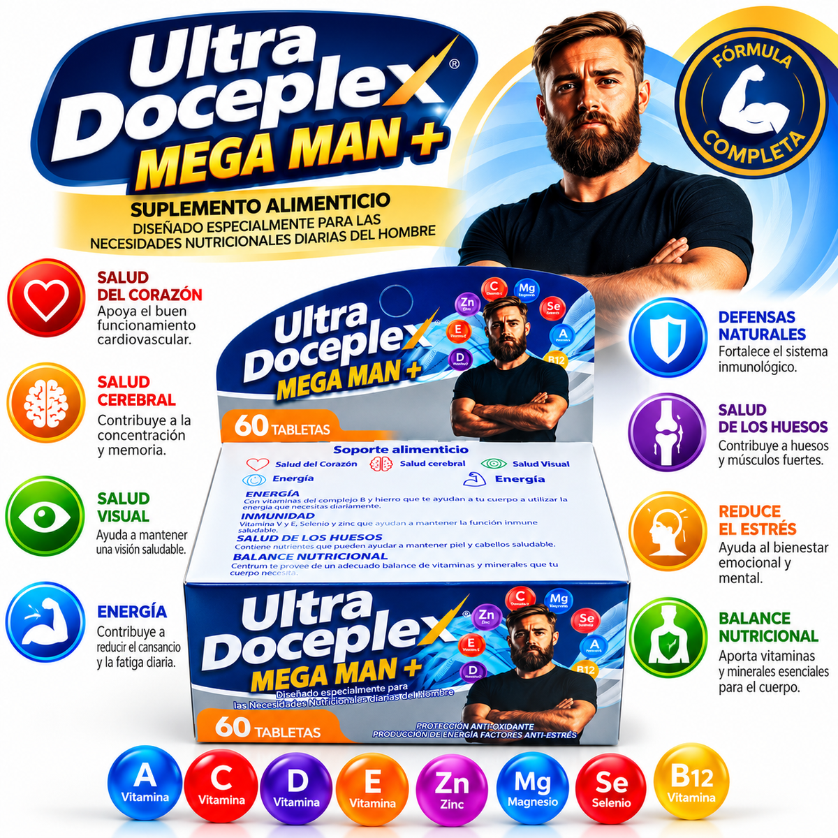 Ultra Doceplex Mega Man+ – 60 Tabletas | Multivitamínico para Hombre