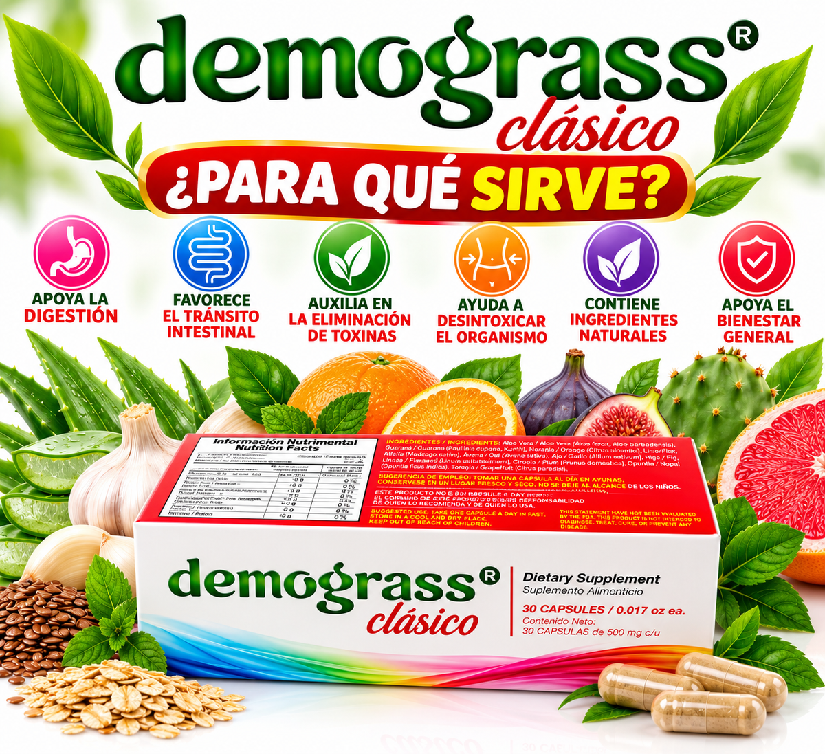 Demograss Clásico – Suplemento Alimenticio Natural | 30 Cápsulas de 500 mg