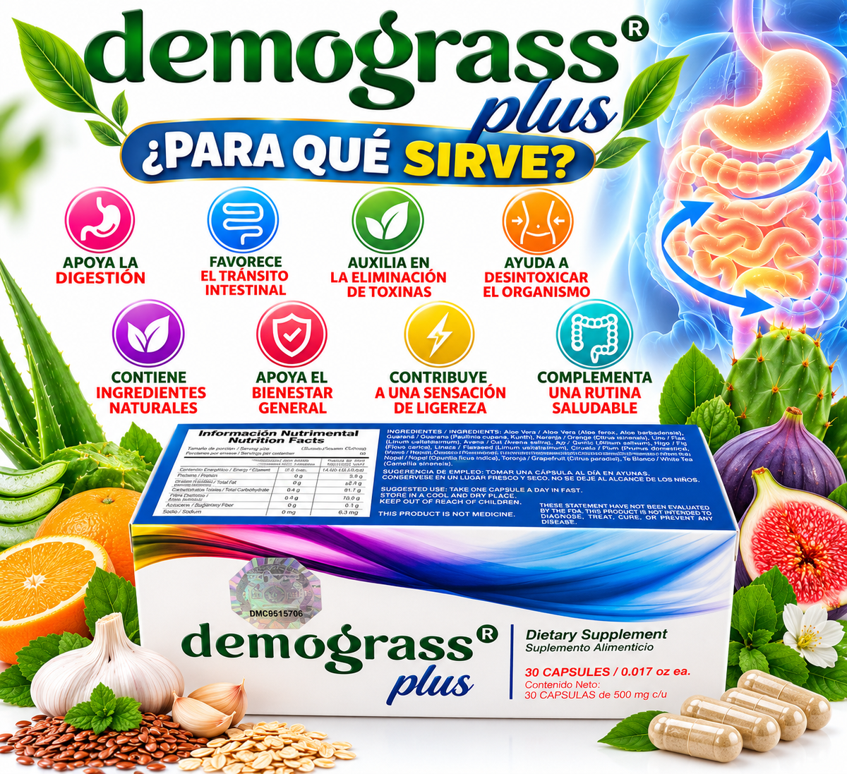 Demograss Plus – Suplemento Alimenticio Herbal | 30 Cápsulas de 500 mg