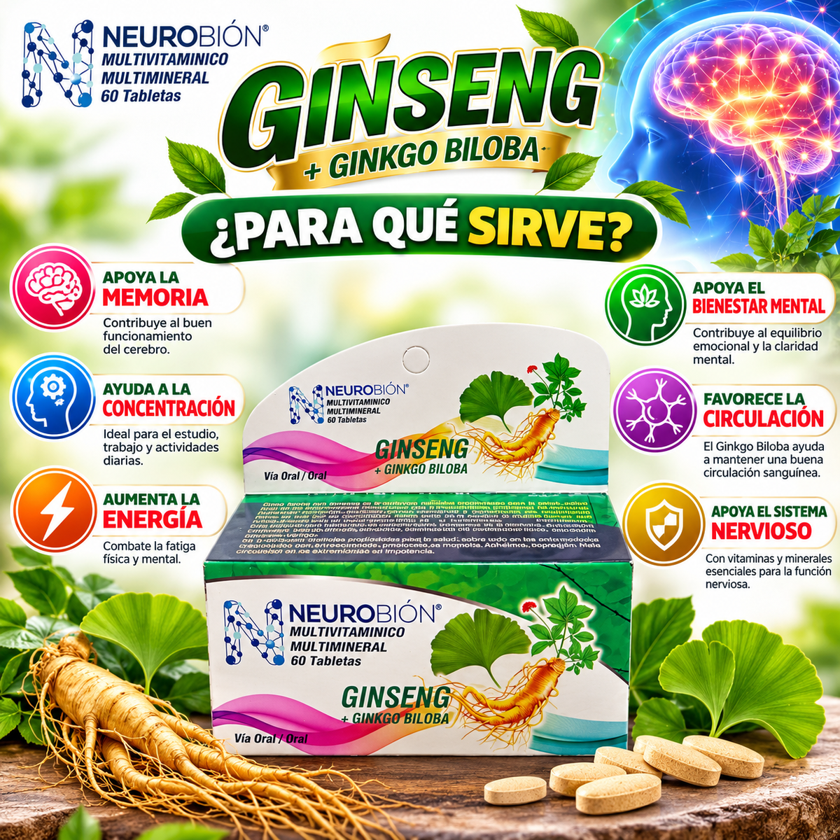 Neurobión Ginseng + Ginkgo Biloba – Multivitamínico y Multimineral | 60 Tabletas