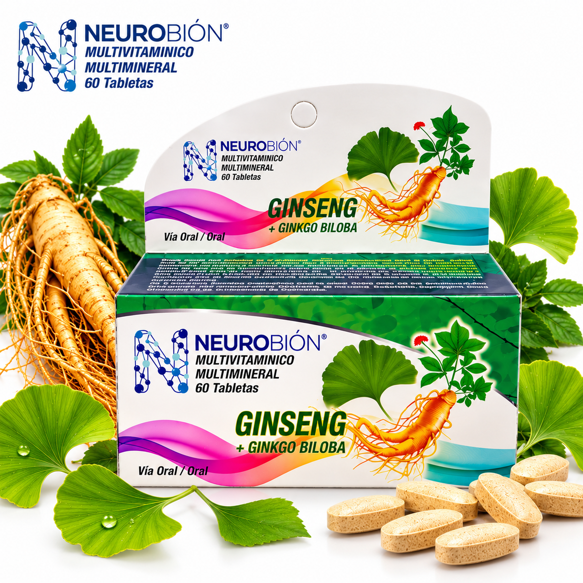 Neurobión Ginseng + Ginkgo Biloba – Multivitamínico y Multimineral | 60 Tabletas