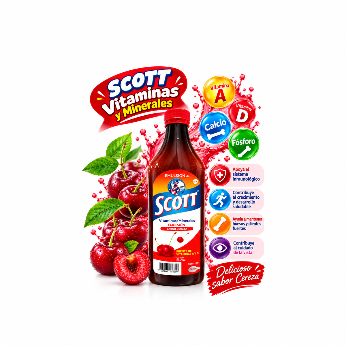 Emulsión de Scott Sabor Cereza – 369 ml | Vitaminas A y D, Calcio y Fósforo 🍒