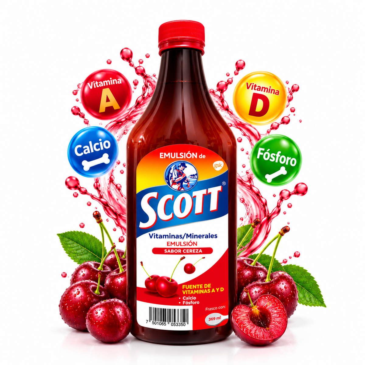Emulsión de Scott Sabor Cereza – 369 ml | Vitaminas A y D, Calcio y Fósforo 🍒