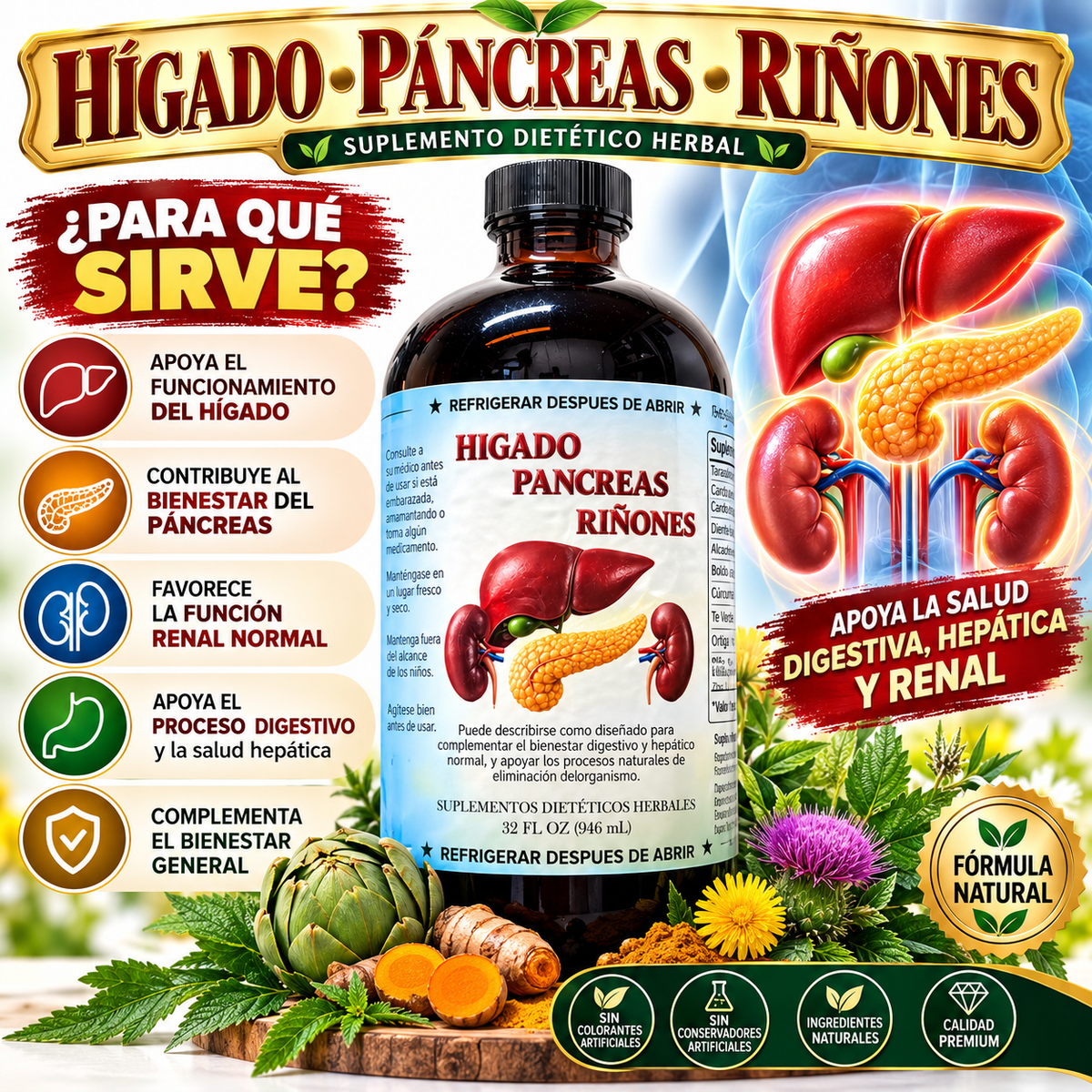 Tónico Herbal Hígado, Páncreas y Riñones – 32 fl oz (946 mL)