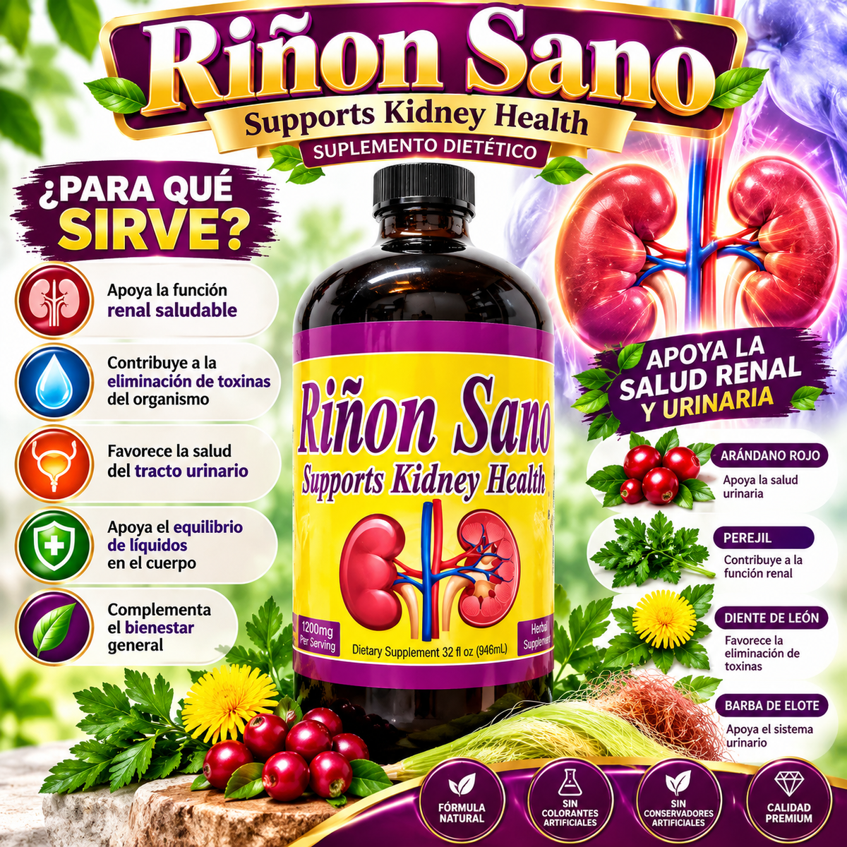 Riñón Sano – Tónico Herbal Natural 32 fl oz (946 mL)