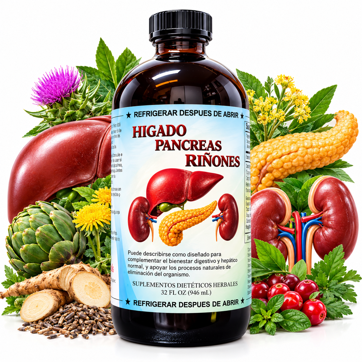 Tónico Herbal Hígado, Páncreas y Riñones – 32 fl oz (946 mL)
