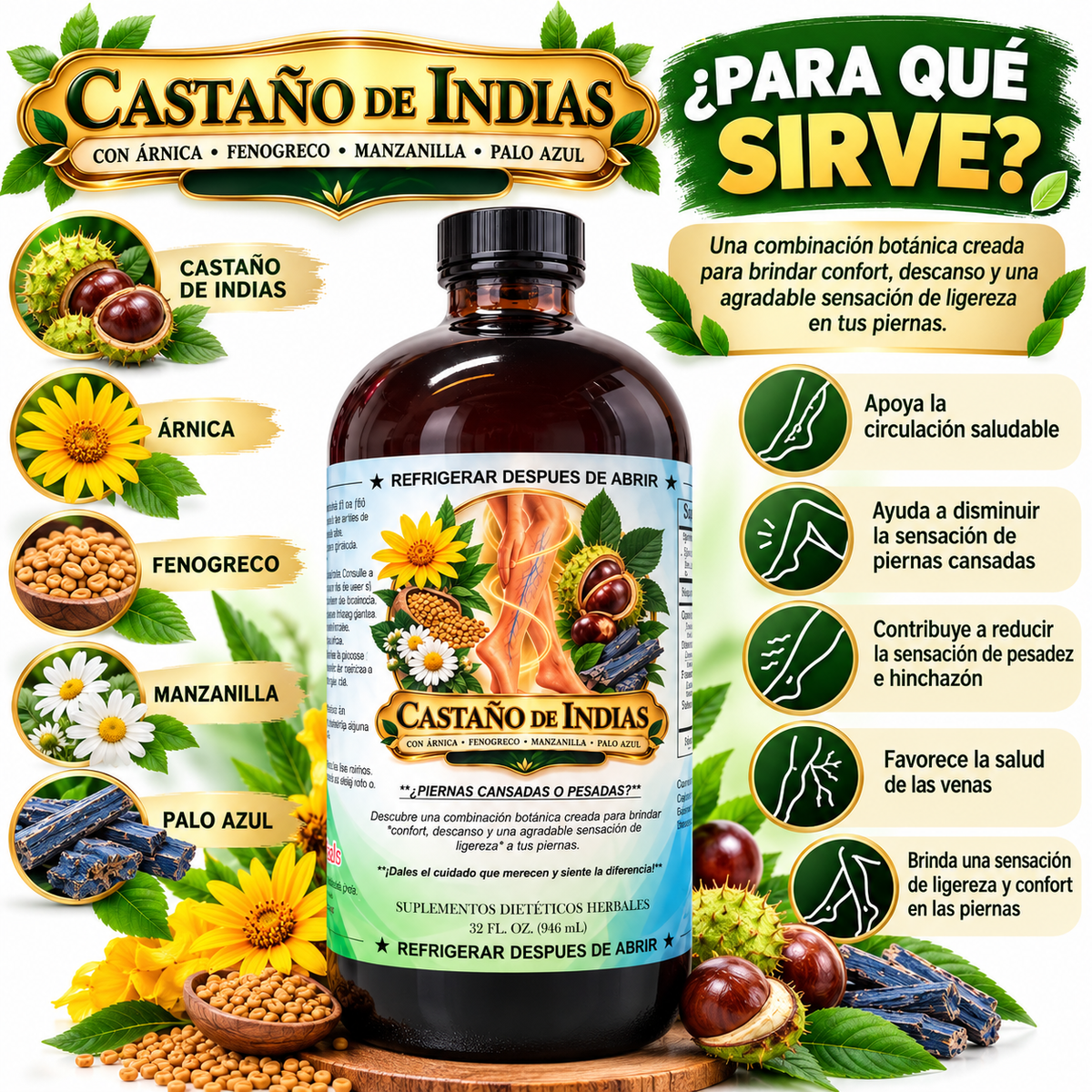Castaño de Indias con Árnica, Fenogreco, Manzanilla y Palo Azul – 32 fl oz (946 mL)