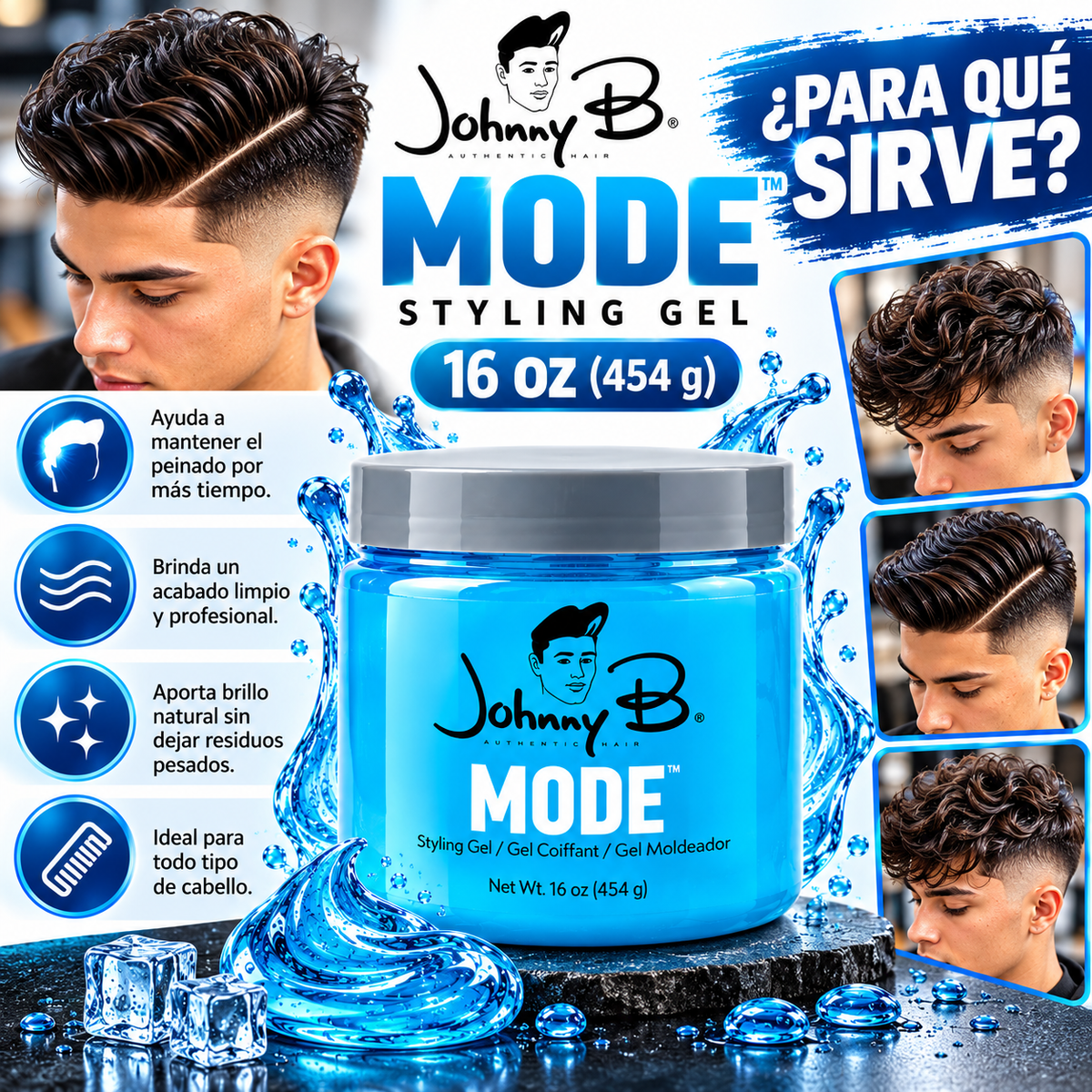 Johnny B Styling Gel 16 oz (473 ml) – Gel Profesional para Cabello
