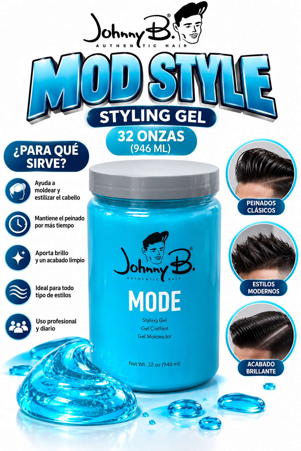 Johnny B Mode Styling Gel 32 oz (946 ml) – Gel Profesional de Fijación y Definición
