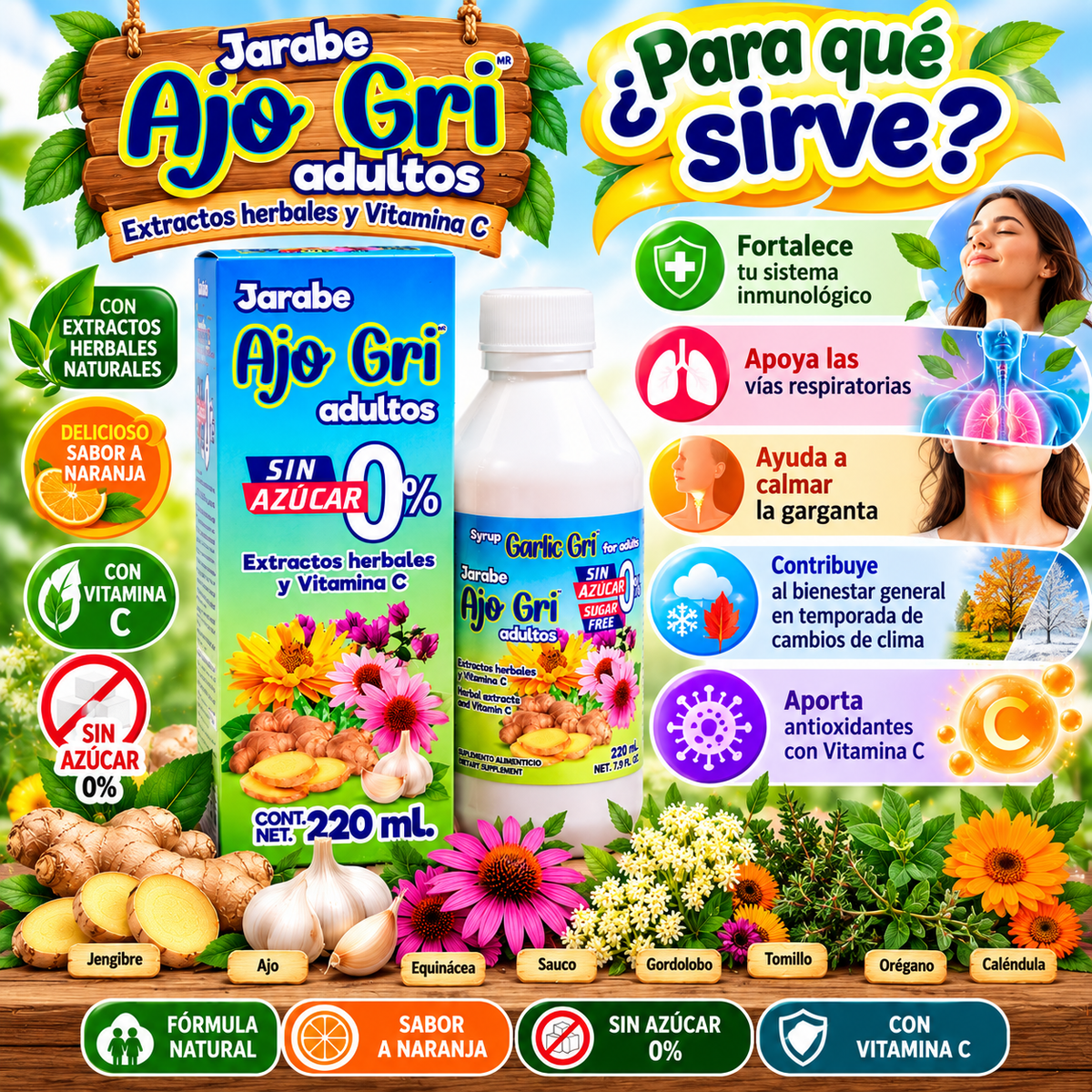 Ajo Gri Adultos Sin Azúcar 0% – Jarabe con Extractos Herbales y Vitamina C | 220 mL