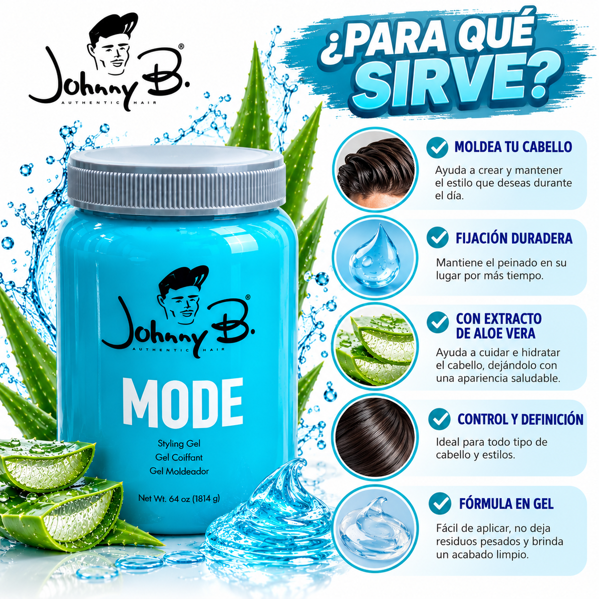Johnny B. Mode Styling Gel – Gel Moldeador Profesional para Cabello | 64 oz (1814 g)